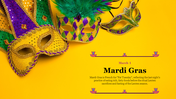 Colorful mardi Gras masks on a bright yellow background, with details about the celebration and date at the bottom.