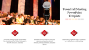 A slide with a microphone in front of a blurred audience, featuring three red icons and placeholders for town hall meetings.