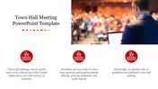 Slide with a blurred town hall meeting theme and three red colored icons with captions below.