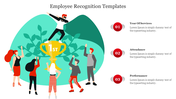 Illustration of employees celebrating victory with a person standing on a large gold trophy, with caption areas.