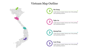 Map of Vietnam with four highlighted areas in green, pink, blue, and purple, each with corresponding icons.