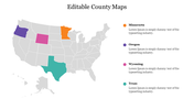 US map with four states highlighted in orange, purple, pink, and teal, each with color coded captions on the right.