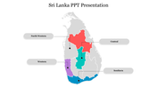 Sri Lanka map highlighting four regions in red, teal, purple, and green, with labels.