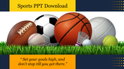 Slide showcasing a collection of sports balls on grass with motivational text.