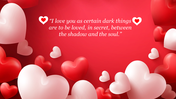 A  scene with floating hearts in shades of red and white, featuring a love quote at the center.