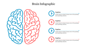 Brain infographic with two hemispheres in blue and red, each labeled with a  a placeholder text placed in a white background.