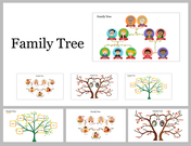 Colorful family tree slides showcasing different designs for visualizing family relationships in layouts.