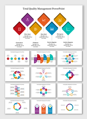 Vibrant total quality management slides showcasing tools like check sheets, scatter diagrams, and process flow charts.