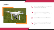 Slide showcasing a white drone flying over a grassy field, with text explaining drone functionality and uses.