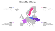 A map of europe highlighting poland, finland, france, and ukraine in different colors with placeholders for descriptions.