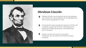 Monochrome portrait of Abraham Lincoln with text about his life on a white background with green and gold borders.