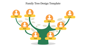 Illustrated family tree design with green branches, orange icons for people, and yellow labels for names on each branch.