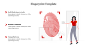 Large red fingerprint illustration centered with a woman on the right and three arrows pointing to text on the left.