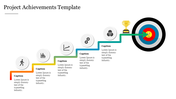 Project achievements slide showing a staircase diagram leading to a target with a trophy including icons and captions.