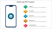 Mobile app-themed PPT template with a phone image on the left and a list of five colored elements describing app qualities.