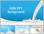 Slide deck of milk splash design with a blue background, showing milk pouring, with three smaller images at the bottom.