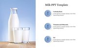 Milk themed slide featuring a bottle and two glasses of milk with nutritional categories listed on the side.