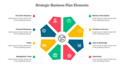 Infographic with a central icon surrounded by eight colored segments, each containing business plan elements.