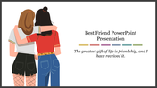 Illustrated slide for a friendship presentation, featuring two friends hugging and a quote about friendship.