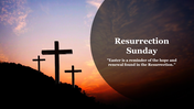 Resurrection background slide featuring three crosses on a hill during sunset, with a quote about hope and renewal on Easter.