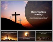 Resurrection background slide featuring three crosses on a hill during sunset, with a quote about hope and renewal on Easter.