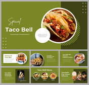 Green themed Taco Bell Slide pack featuring tacos, marketing campaigns, menu options, and a history of the brand.