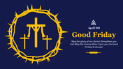 Yellow crown of thorns with three crosses inside and text on the right, set against a dark blue background.