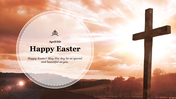 Happy Easter greeting with a wooden cross against a background of a bright, orange-hued sky and sunbeams.