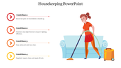 Housekeeping slide with four guidelines listed beside an illustration of a woman vacuuming a living room.