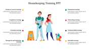 Slide with an illustration of two housekeeping staff surrounded by various training categories with text captions.