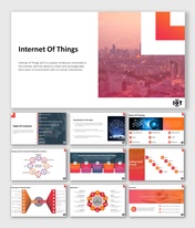 IoT presentation cover slide with cityscape image and icons representing various IoT applications and training topics.