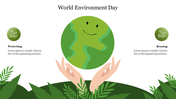 Graphic for World Environment Day with a smiling globe held by hands, surrounded by plants and eco-friendly icons.