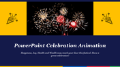 Celebration-themed slide featuring a fireworks display in the center, with party popper icons on yellow backgrounds.