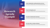 Blue and red graphic with four numbered steps in a vertical layout, each with a title and placeholder text.