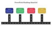 Roadmap diagram with four colorful signposts in blue, green, red, and yellow, each with captions.