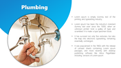 A hand fixing plumbing pipes image in a circle with a blue header, and an explanatory text on the right