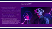 Virtual reality user wearing a headset, interacting with a digital space, paired with metaverse text in a purple background.