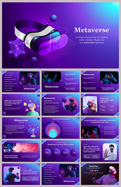 Metaverse slide pack with vibrant purple hues, featuring virtual reality, immersive experiences, and futuristic tech.