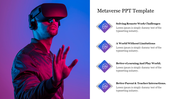 Man wearing a VR headset in a blue and pink light setting, with four icons and text listed on the right.