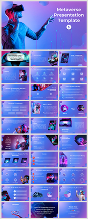 Metaverse template featuring various slides on concepts like NFTs, blockchain, and virtual reality interactions.