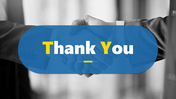 Thank you slide with a blue banner and yellow text overlaying a professional handshake background.