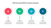 Self Personal SWOT Analysis Sample with four sections each represented by a letter S, W, O, and T in colored circles.