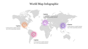 Gray world map with circular infographics in orange, pink, purple, and blue highlighting specific global regions.