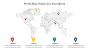 World map outline with four colored location markers, each paired with a caption at the bottom of the slide.