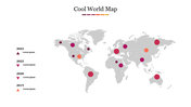 Cool world map slide showcasing annual data points for 2019, 2020, 2022, and 2023 with colorful markers.