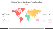 World map with continents highlighted in different colors and circular percentage charts