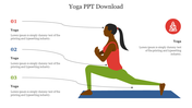 Illustration of a woman in a yoga lunge pose on a mat, with three numbered descriptions on the left.