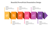 Beautiful slide with six gradient-colored blocks illustrating a sequential process, each containing an icon and caption.