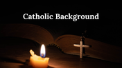 Catholic themed slide deck with an open Bible, candle, and cross with religious quotes on dark backgrounds.