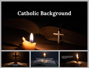 Catholic themed slide deck with an open Bible, candle, and cross with religious quotes on dark backgrounds.